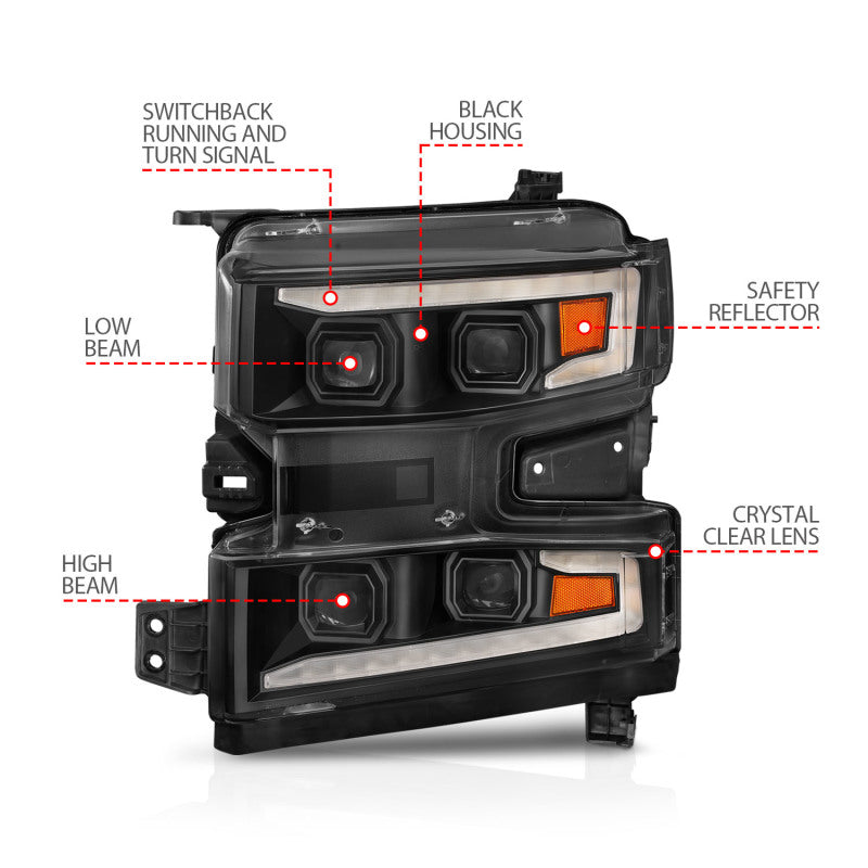 ANZO 19-22 Chevrolet Silverado 1500 LED Proj HL w/Lgt Bar SwBk Seq. Blk w/In. Light - Driver Side ON ANZO 19-22 Chevrolet Silverado 1500 LED Proj HL w/Lgt Bar SwBk Seq. Blk w/In. Light - Driver Side ON