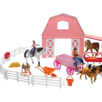 New Ray Toys Valley Ranch Set with Pink Barn, Horses, Cowgirls and Fences/ Scale 1:32