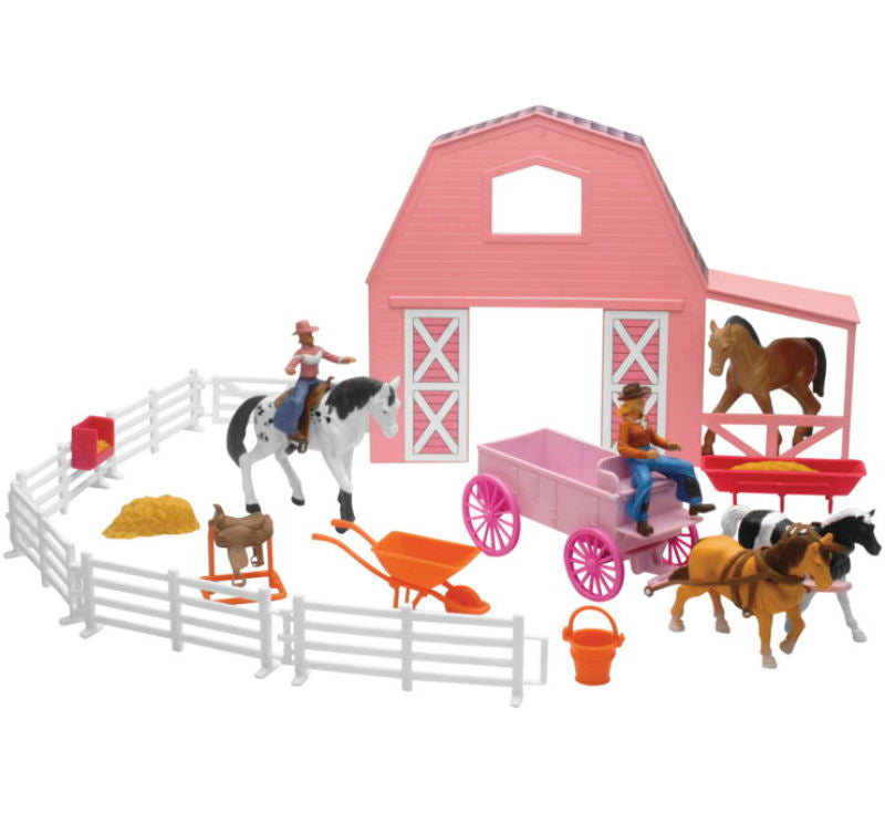 New Ray Toys Valley Ranch Set with Pink Barn, Horses, Cowgirls and Fences/ Scale 1:32 New Ray Toys Valley Ranch Set with Pink Barn, Horses, Cowgirls and Fences/ Scale 1:32