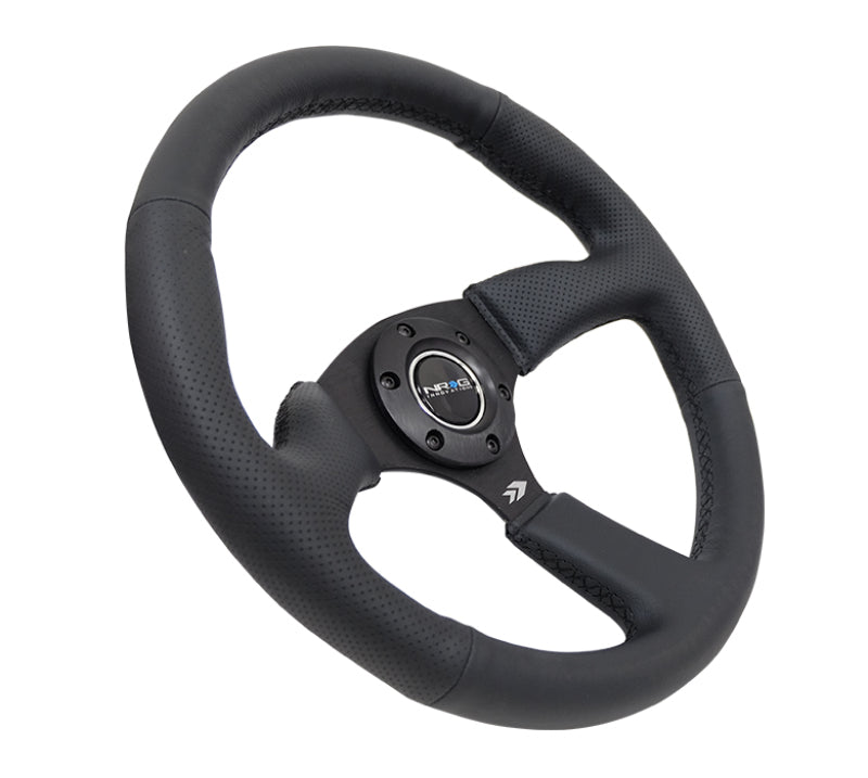 NRG Reinforced Steering Wheel (350mm / 2.5in. Deep) Blk Leather Comfort Grip w/5mm Matte Blk Spokes NRG Reinforced Steering Wheel (350mm / 2.5in. Deep) Blk Leather Comfort Grip w/5mm Matte Blk Spokes
