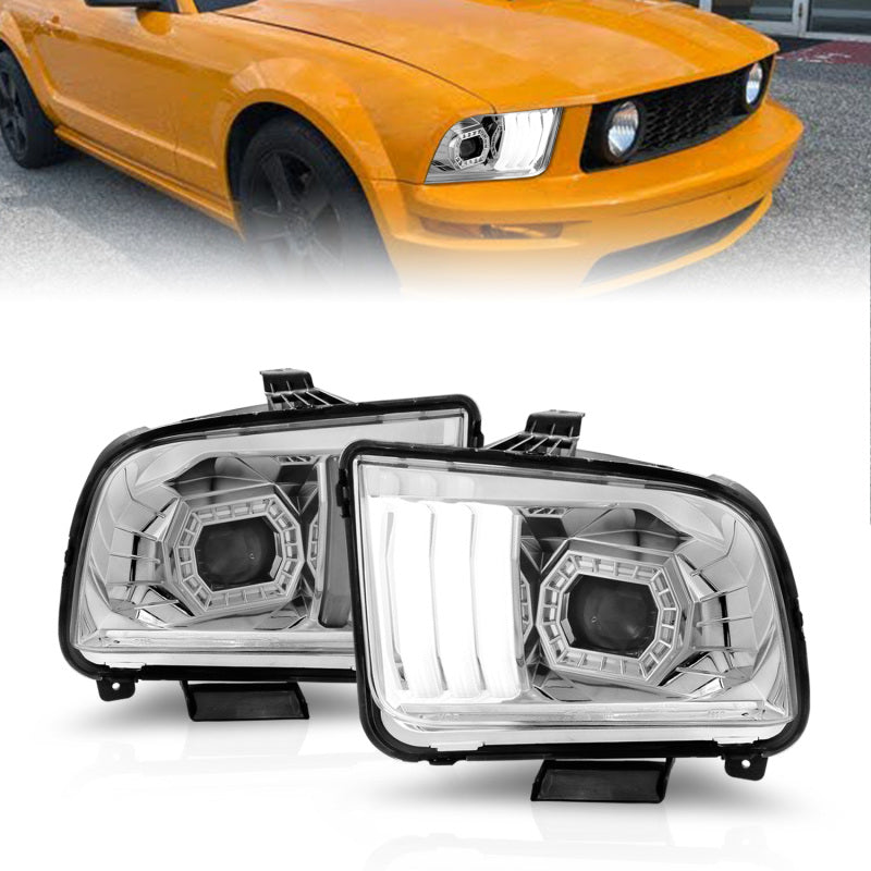 ANZO 05-09 Ford Mustang (w/Factory Halogen HL Only) Projector Headlights w/Light Bar Chrome Housing ANZO 05-09 Ford Mustang (w/Factory Halogen HL Only) Projector Headlights w/Light Bar Chrome Housing