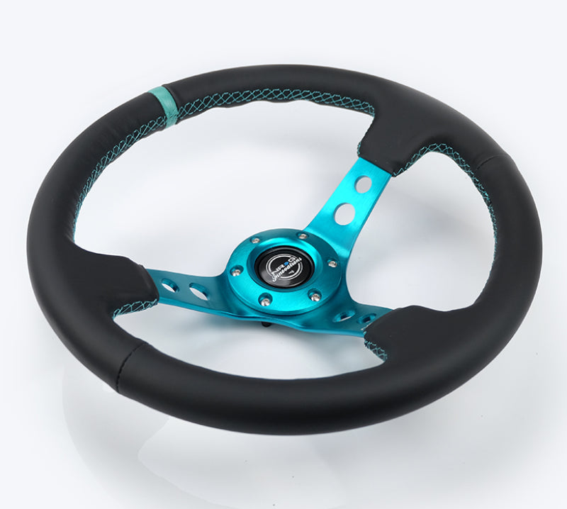 NRG Reinforce Steering Wheel (350mm / 3in. Deep) Blk Leather, Teal Center Mark w/ Teal Stitching NRG Reinforce Steering Wheel (350mm / 3in. Deep) Blk Leather, Teal Center Mark w/ Teal Stitching
