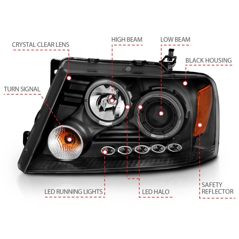 ANZO 2004-2008 Ford F-150 Projector Headlights w/ Halo and LED Black G2 ANZO 2004-2008 Ford F-150 Projector Headlights w/ Halo and LED Black G2