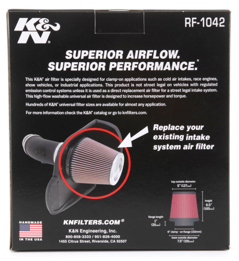 K&N Round Tapered Universal Air Filter 6in Flange ID x 7.5in Base OD x 5in Top OD x 6.5in Height K&N Round Tapered Universal Air Filter 6in Flange ID x 7.5in Base OD x 5in Top OD x 6.5in Height