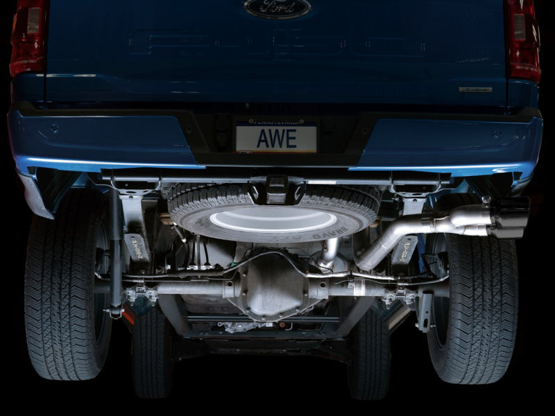 AWE 21+ Ford F150 Dual Side Exit Cat-Back Exhaust - 4.5in Diamond Black Tips *For Stock Y-Pipe Only AWE 21+ Ford F150 Dual Side Exit Cat-Back Exhaust - 4.5in Diamond Black Tips *For Stock Y-Pipe Only