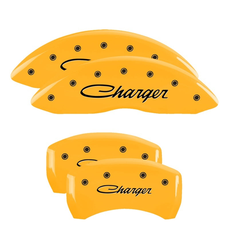 MGP 4 Caliper Covers Engraved Front & Rear Cursive/Charger Yellow finish black ch MGP 4 Caliper Covers Engraved Front & Rear Cursive/Charger Yellow finish black ch