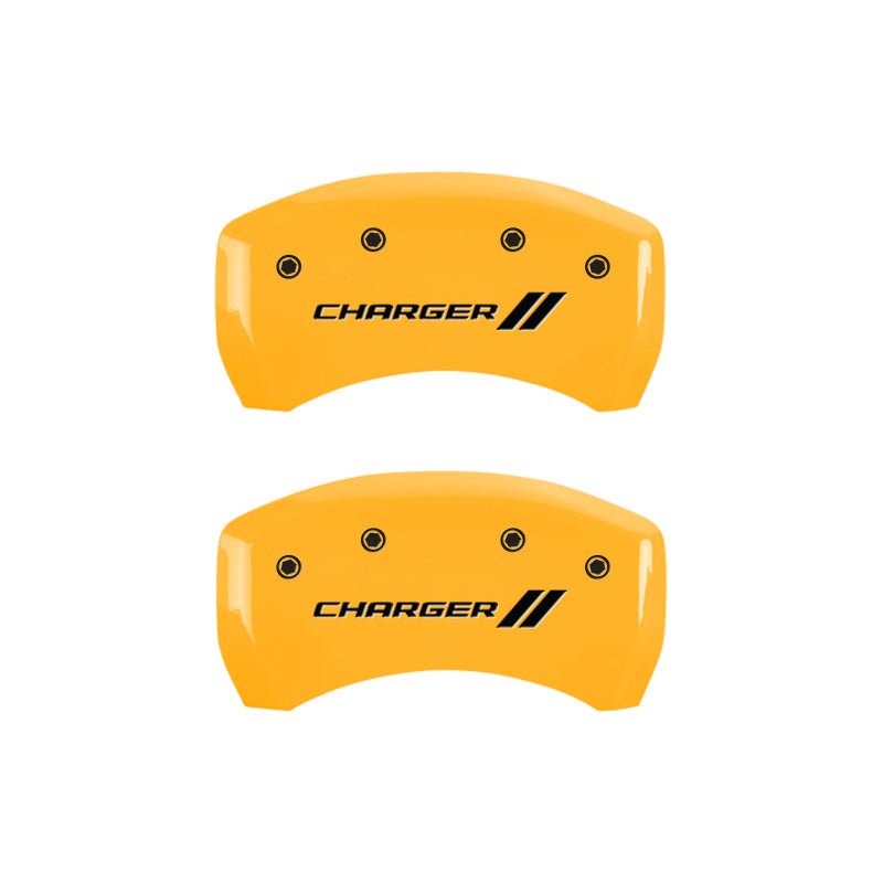 MGP 4 Caliper Covers Engraved Front & Rear With stripes/Charger Yellow finish black ch MGP 4 Caliper Covers Engraved Front & Rear With stripes/Charger Yellow finish black ch