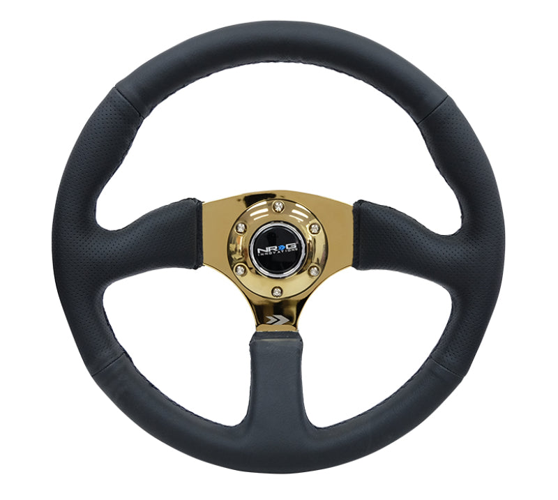 NRG Reinforced Steering Wheel (350mm / 2.5in. Deep) Leather Race Comfort Grip w/4mm Gold Spokes NRG Reinforced Steering Wheel (350mm / 2.5in. Deep) Leather Race Comfort Grip w/4mm Gold Spokes