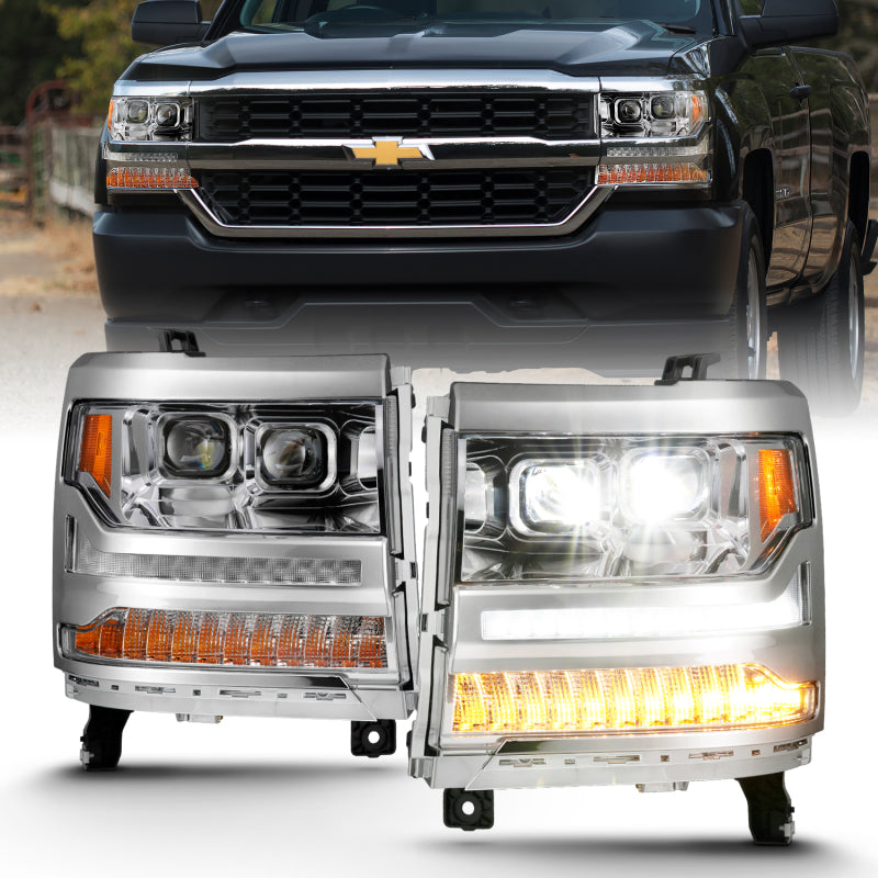 ANZO 16-18 Chevrolet Silverado 1500 LED Projector Headlights w/Plank Style Switchback Chrome w/Amber ANZO 16-18 Chevrolet Silverado 1500 LED Projector Headlights w/Plank Style Switchback Chrome w/Amber