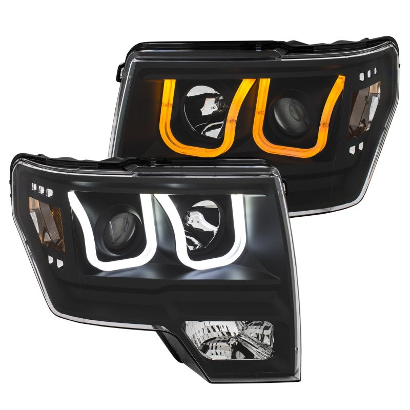 ANZO 2009-2014 Ford F-150 Projector Headlights w/ U-Bar Switchback Black w/ Amber ANZO 2009-2014 Ford F-150 Projector Headlights w/ U-Bar Switchback Black w/ Amber