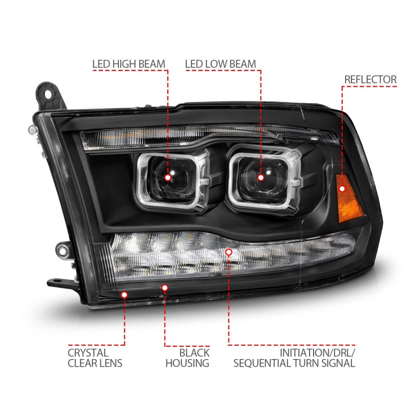 ANZO 09-18 Dodge Ram 1500/2500/3500 Full LED Proj Headlights w/Switchback Light Bar - Black ANZO 09-18 Dodge Ram 1500/2500/3500 Full LED Proj Headlights w/Switchback Light Bar - Black