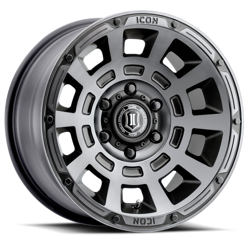 ICON Thrust 17x8.5 6x5.5 0mm Offset 4.75in BS 106.1mm Bore Smoked Satin Black Wheel ICON Thrust 17x8.5 6x5.5 0mm Offset 4.75in BS 106.1mm Bore Smoked Satin Black Wheel