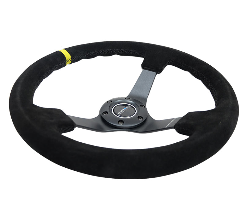 NRG Reinforced Steering Wheel (350mm / 3in. Deep) Blk Suede/X-Stitch w/5mm Blk Spoke & Yellow CM NRG Reinforced Steering Wheel (350mm / 3in. Deep) Blk Suede/X-Stitch w/5mm Blk Spoke & Yellow CM