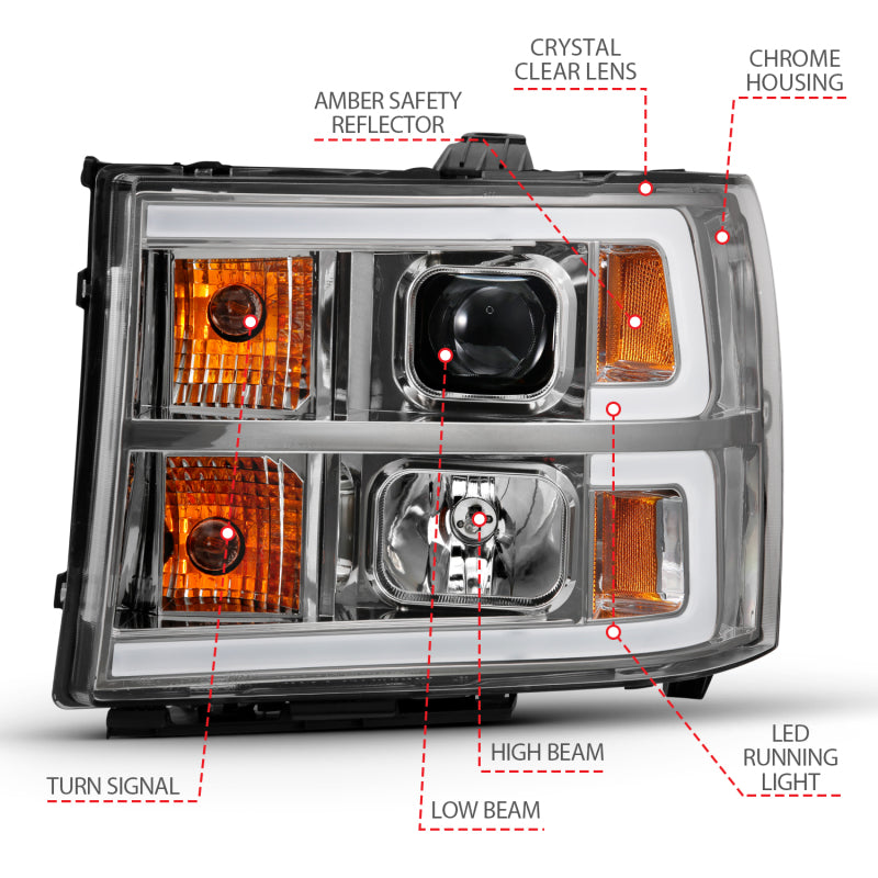 ANZO 2007-2013 Gmc Sierra 1500 Projector Headlight Plank Style Chrome w/ Clear Lens Amber ANZO 2007-2013 Gmc Sierra 1500 Projector Headlight Plank Style Chrome w/ Clear Lens Amber