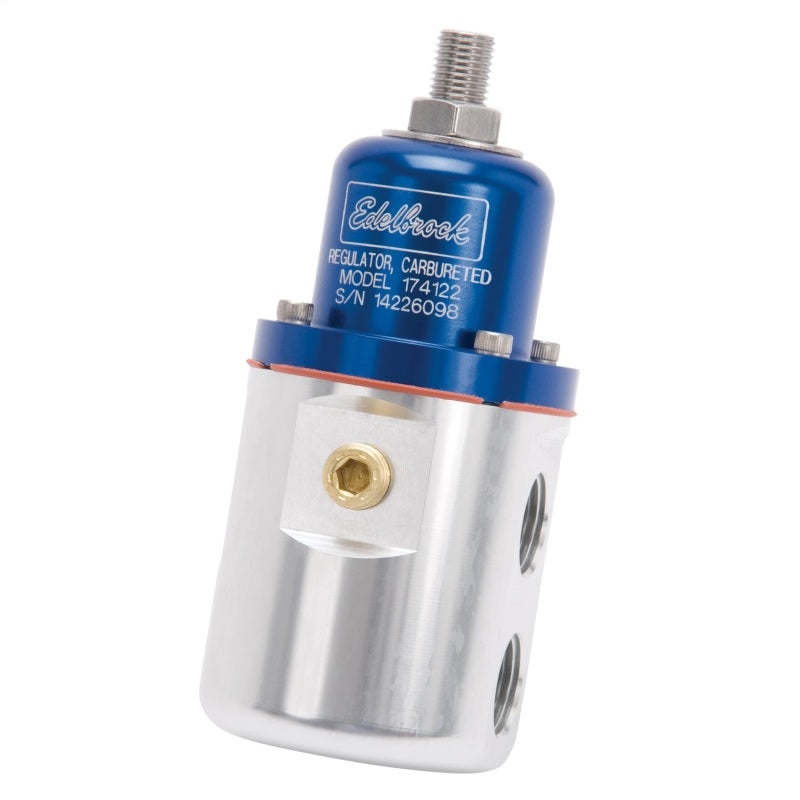 Edelbrock Fuel Pressure Regulator Carbureted 160 GPH 5-10 PSI 3/8In In/Out Returnless Blue/Clear Edelbrock Fuel Pressure Regulator Carbureted 160 GPH 5-10 PSI 3/8In In/Out Returnless Blue/Clear