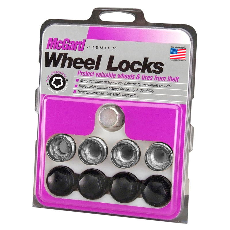 McGard Wheel Lock Nut Set - 4pk. (Under Hub Cap / Radius Seat) M14X1.5 / 19mm Hex / .890in. L w/Caps McGard Wheel Lock Nut Set - 4pk. (Under Hub Cap / Radius Seat) M14X1.5 / 19mm Hex / .890in. L w/Caps