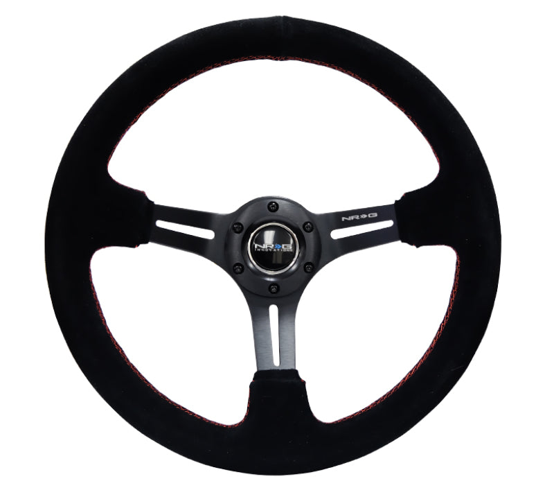 NRG Reinforced Steering Wheel (350mm / 3in. Deep) Blk Suede w/Red Stitching & 5mm Spokes w/Slits NRG Reinforced Steering Wheel (350mm / 3in. Deep) Blk Suede w/Red Stitching & 5mm Spokes w/Slits