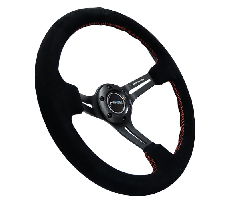 NRG Reinforced Steering Wheel (350mm / 3in. Deep) Blk Suede w/Red Stitching & 5mm Spokes w/Slits NRG Reinforced Steering Wheel (350mm / 3in. Deep) Blk Suede w/Red Stitching & 5mm Spokes w/Slits