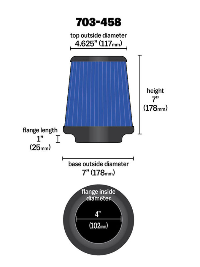 Airaid Universal Air Filter - Cone 4 x 7 x 4 5/8 x 7 w/ Short Flange - Blue SynthaMax Airaid Universal Air Filter - Cone 4 x 7 x 4 5/8 x 7 w/ Short Flange - Blue SynthaMax