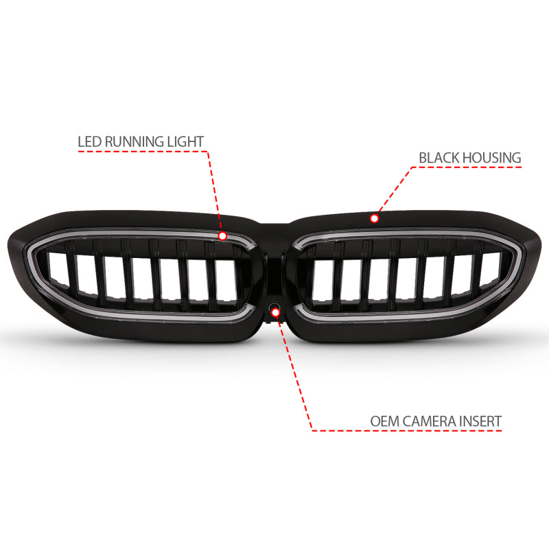ANZO 19-22 BMW 3 Series Black Housing Full LED Front Grille w/ Initiation & Running Light