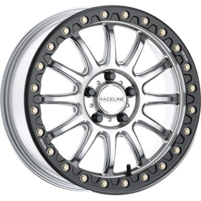 Raceline A14SB Alpha 15x10in/4x137 BP/10mm Offset/110.18mm Bore - Silver & Blk Ring Beadlock Wheel