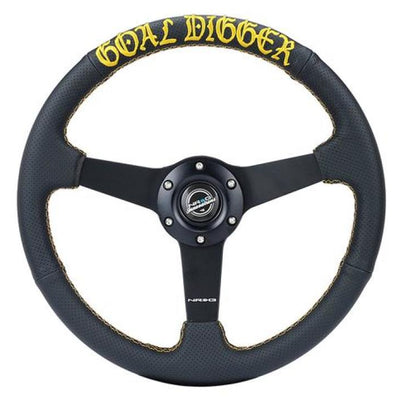 NRG Sport Steering Wheel (350mm / 1.5in Deep) Black Leather/Gold Stitch w/Matte Black Solid Spokes