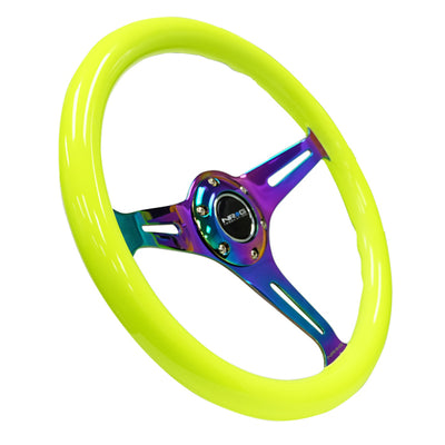 NRG Classic Wood Grain Steering Wheel (350mm) Neon Yellow Color w/Neochrome Spokes