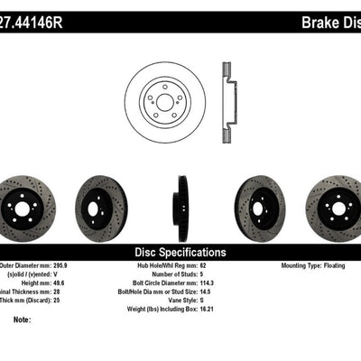 StopTech 07-09 Lexus ES 250/ES 300/ ES330/ES350 SportStop Slotted & Drilled Right Front Rotor