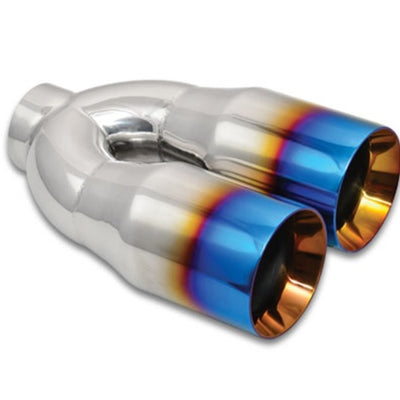 Vibrant 2.5in ID Dual 3.5in OD Round SS Tips (Double Wall, Straight Cut) with Burnt Blue Finish