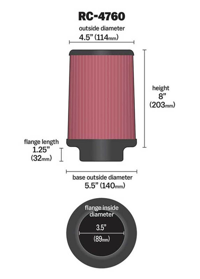 K&N Universal Chrome Filter 3 1/2 inch FLG / 5 1/2 inch Bottom / 4 1/2 inch Top / 8 inch Height