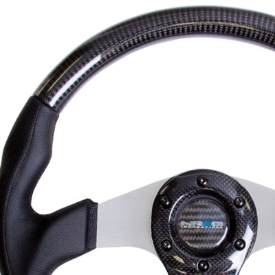 NRG Carbon Fiber Steering Wheel (350mm) Silver Oval Shape w/Leather Trim