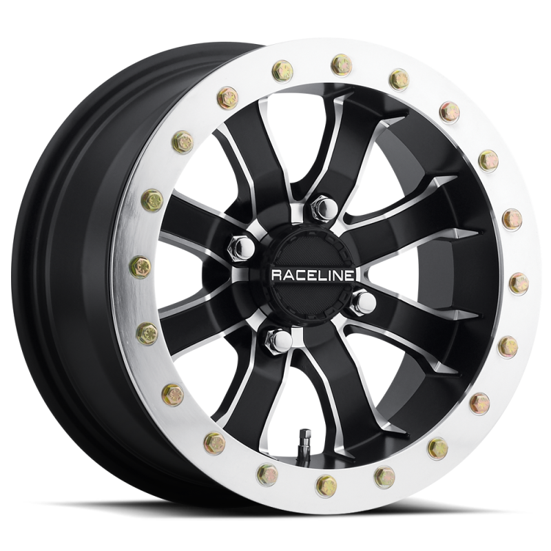 Raceline A71 Mamba 14x7in/4x156 BP/4+3 10mm Offset/132.5mm Bore - Blk & Machined Ring Beadlock Wheel