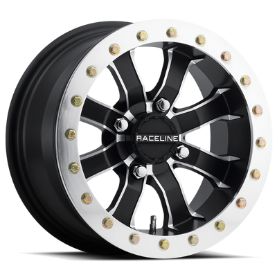 Raceline A71 Mamba 14x7in/4x156 BP/4+3 10mm Offset/132.5mm Bore - Blk & Machined Ring Beadlock Wheel