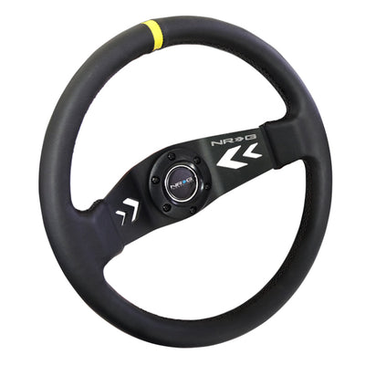 NRG Reinforced Steering Wheel (350mm / 3in Deep) Blk Leather w/NRG Arrow-Cut 2-Spoke & Sgl Yellow CM