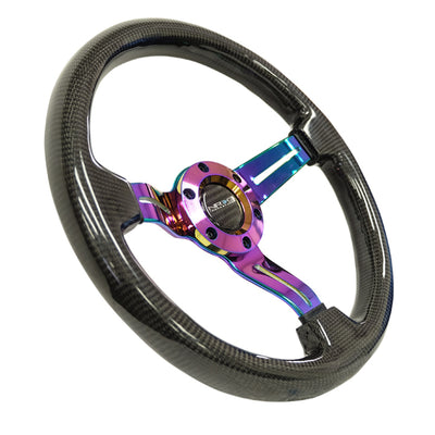 NRG Carbon Fiber Steering Wheel (350mm / 1.5in. Deep) Neochrome 3-Spoke Design w/Slit Cuts