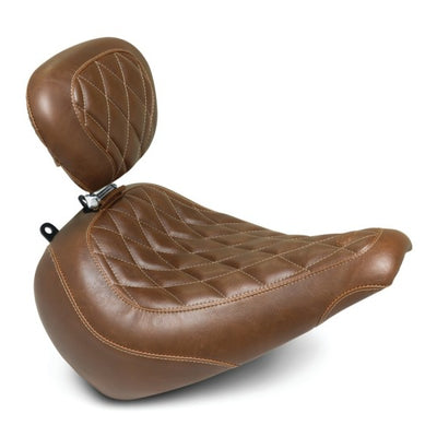 Mustang 18-21 Harley Fat Boy Wide Tripper Solo Seat w/Driver Backrest Diamond Stitch - Brown