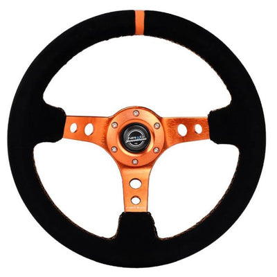 NRG Reinforced Steering Wheel (350mm/ 3in. Deep) Black Suede/ Orange Center Mark/ Orange Stitching