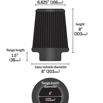 K&N Universal Rubber Filter-Round Tapered 4in Flange ID x 8in Base OD x 6.625in Top OD x 8in H