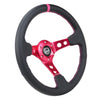 NRG Reinforced Steering Wheel (350mm/3in. Deep) Black Leather/ Fushia Center Mark/ Fushia Stitching