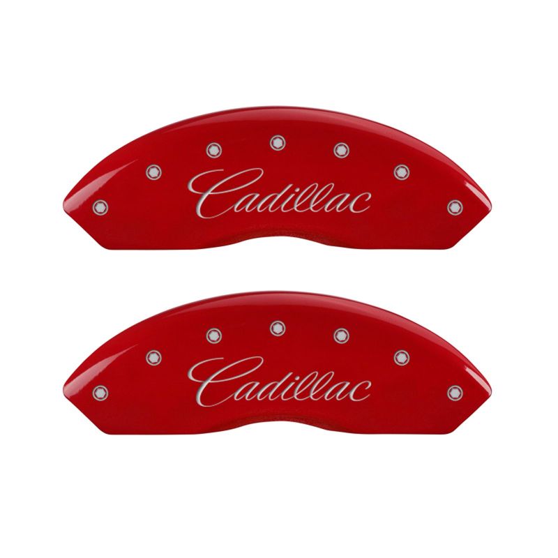 MGP 4 Caliper Covers Engraved Front Cursive/Cadillac Engraved Rear CTS Red finish silver ch