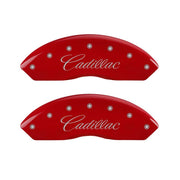 MGP 4 Caliper Covers Engraved Front & Rear Cursive/Cadillac Red Finish Silver Characters
