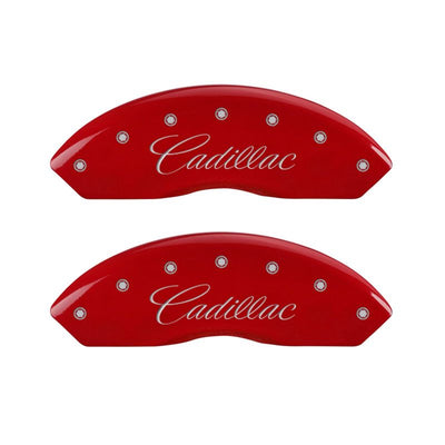 MGP 4 Caliper Covers Engraved Front Cursive/Cadillac Engraved Rear STS Red finish silver ch