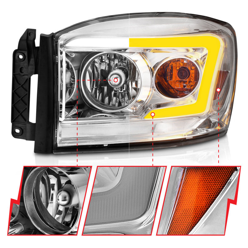 ANZO 06-09 Dodge RAM 1500/2500/3500 Headlights Chrome Housing/Clear Lens (w/Switchback Light Bars)