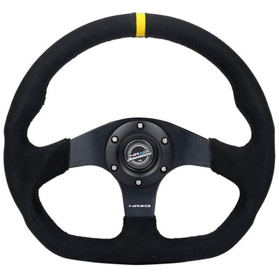 NRG Reinforced Steering Wheel (320mm) Sport Alcantara Dual Push Buttons Flat Bottom w/Yellow Center