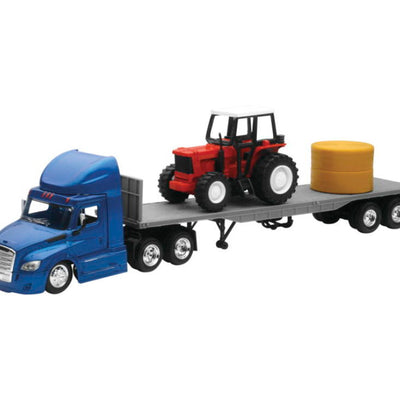 New Ray Toys Freightliner Cascadia Flatbed with Farm Tractor and Round Hay Bale/ Scale - 1:43