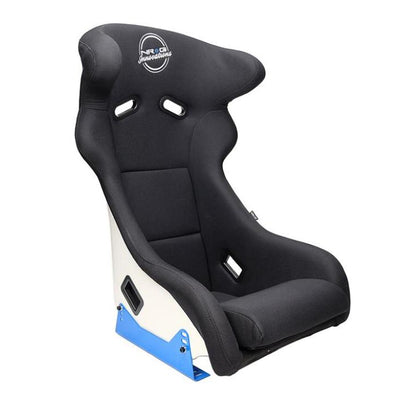 NRG FRP Bucket Seat - White Finish with Arrow Embroidery And Blue Side Mount Bracket