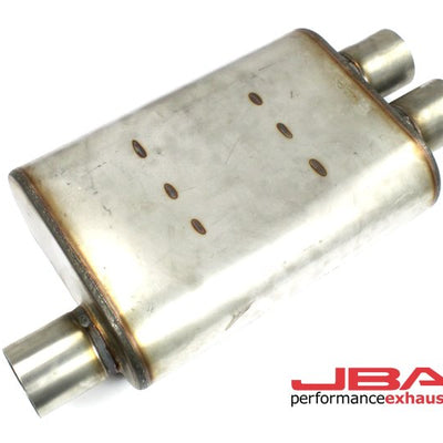 JBA Universal Chambered Style 304SS Muffler 13x9.75x4 2.5in Inlet Diameter Offset/2.5 Dual Outlet