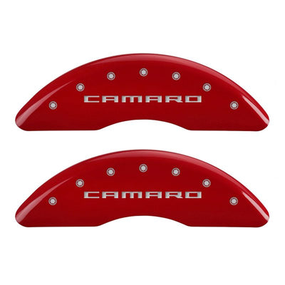 MGP 4 Caliper Covers Engraved Front Gen 5/Camaro Engraved Rear Gen 5/Z28 Red finish silver ch