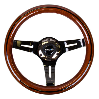 NRG Classic Wood Grain Steering Wheel (310mm) Dark Wood & Black Line Inlay w/Blk Chrome 3-Spoke Ctr.
