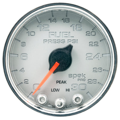 Autometer Spek-Pro Gauge Fuel Press 2 1/16in 30psi Stepper Motor W/Peak & Warn Slvr/Chrm